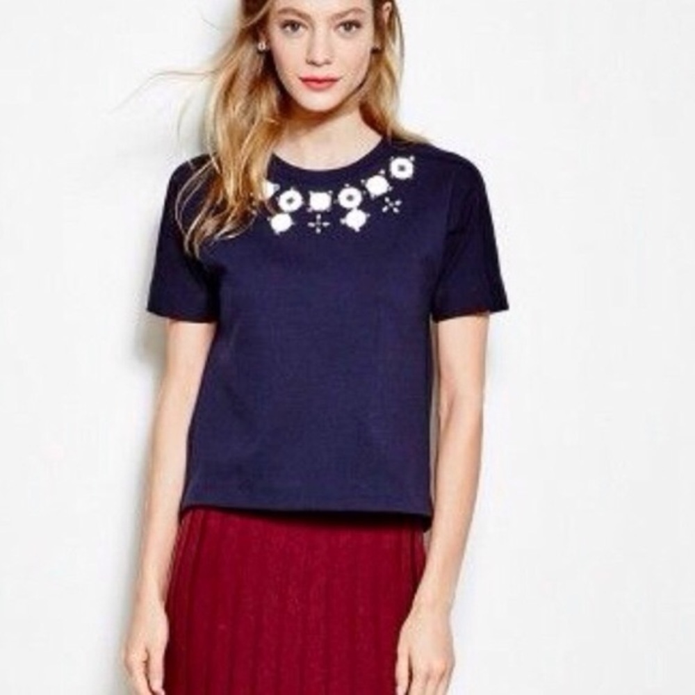 𝅺J Crew Structured Ponte Knit Necklace T-Shirt Navy Size XS